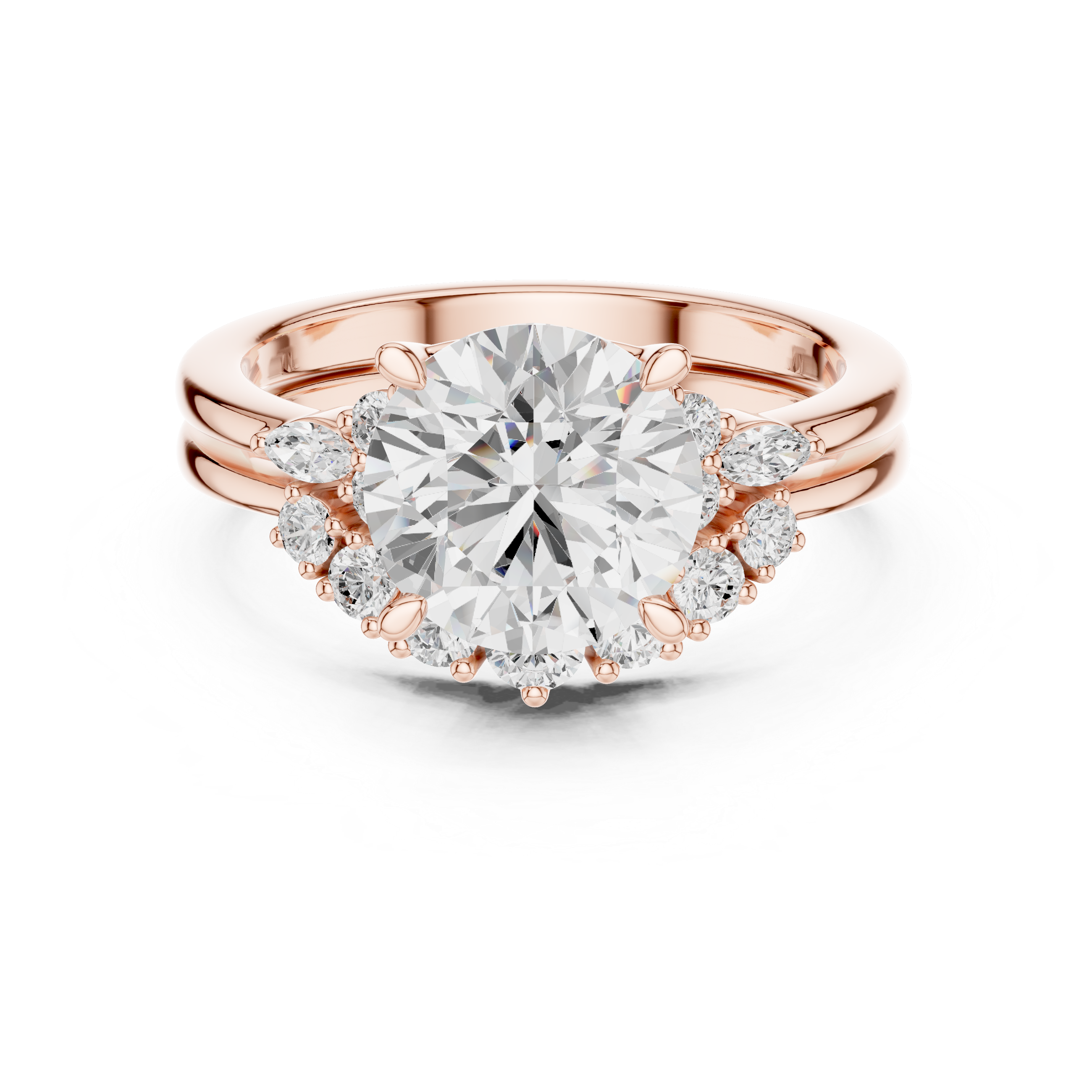 Minimalist Style Round Brilliant Diamond Halo Engagement Ring with Marquise and Round Accents perfect for everyday elegant simple wear