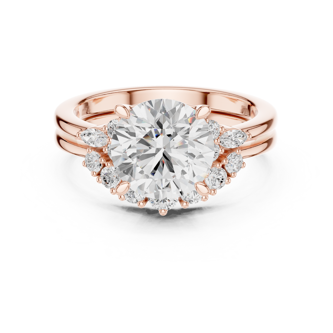 Minimalist Style Round Brilliant Diamond Halo Engagement Ring with Marquise and Round Accents perfect for everyday elegant simple wear