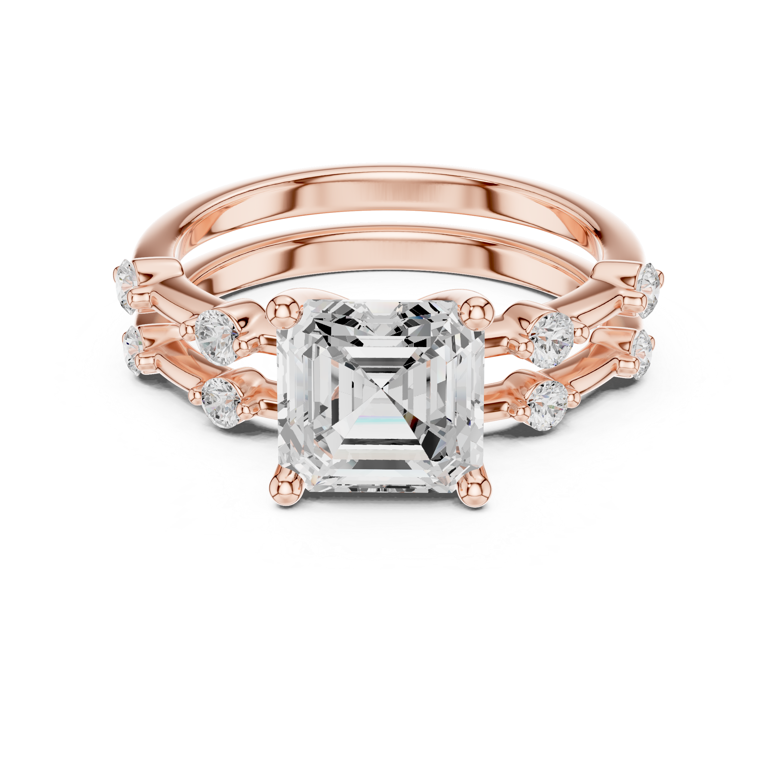 Minimalist Style Asscher Cut Diamond Split Band Engagement Ring with Round Side Stones perfect for everyday elegant simple wear