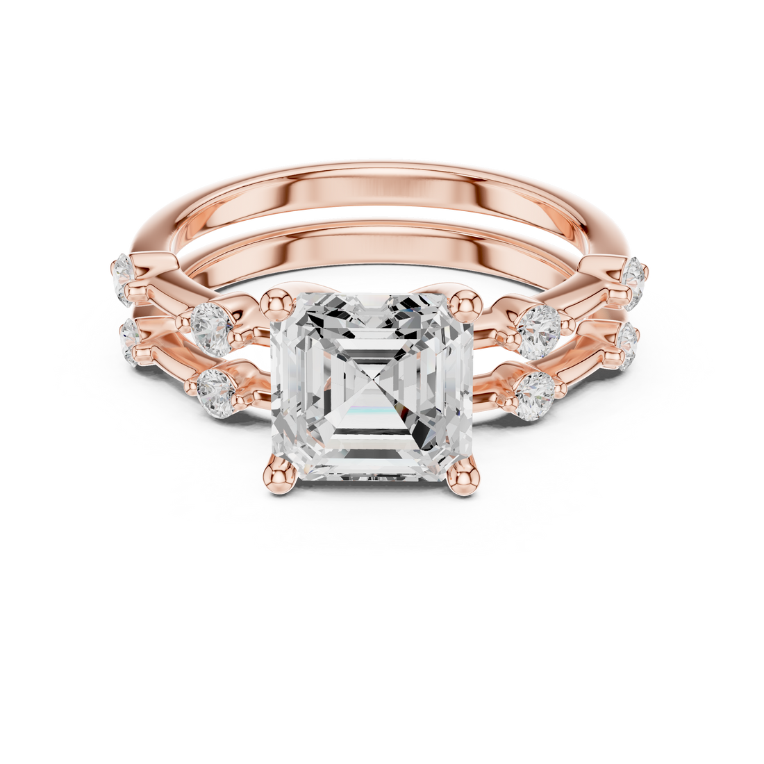 Minimalist Style Asscher Cut Diamond Split Band Engagement Ring with Round Side Stones perfect for everyday elegant simple wear
