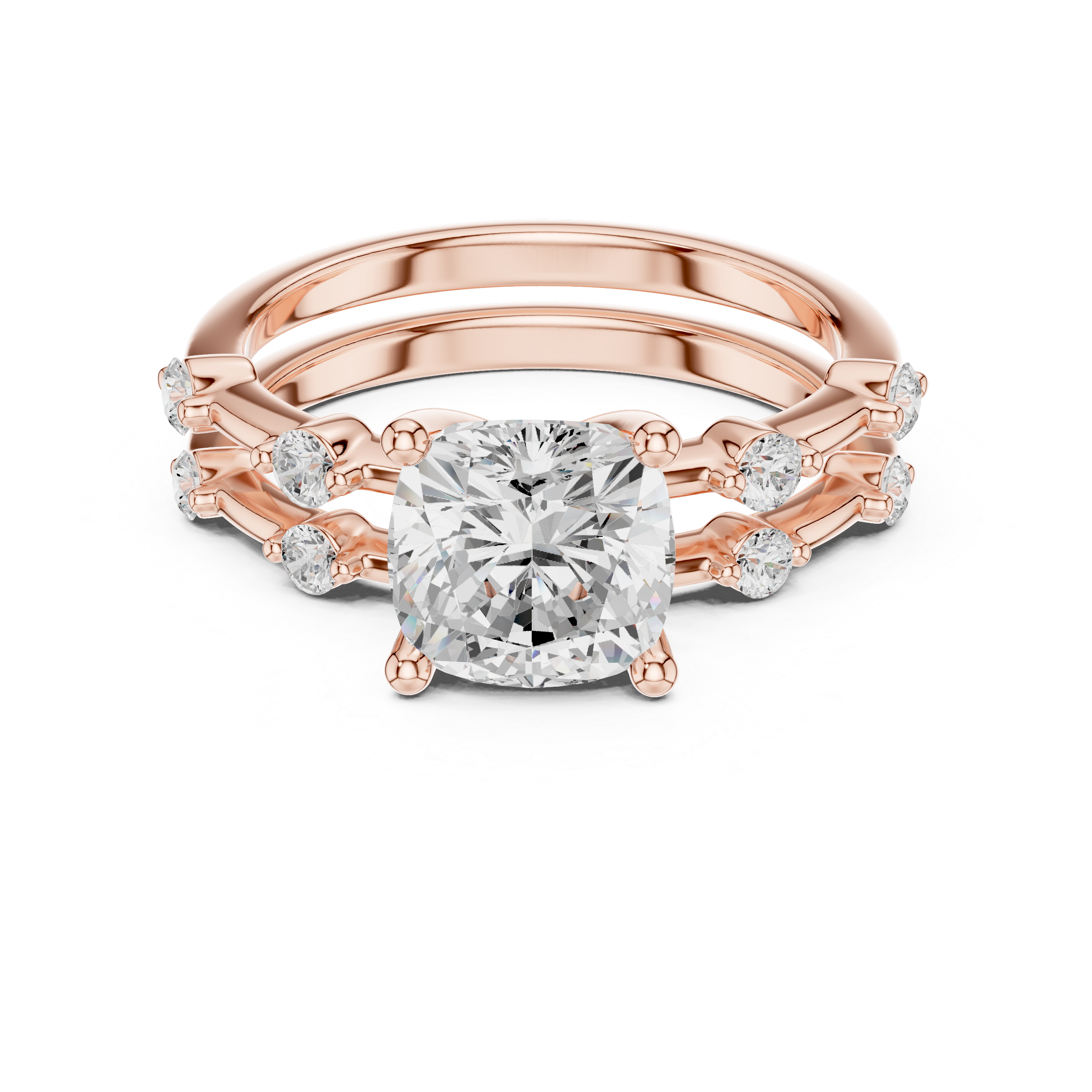 Cushion Cut Diamond Bridal Set with Round Accent Bands