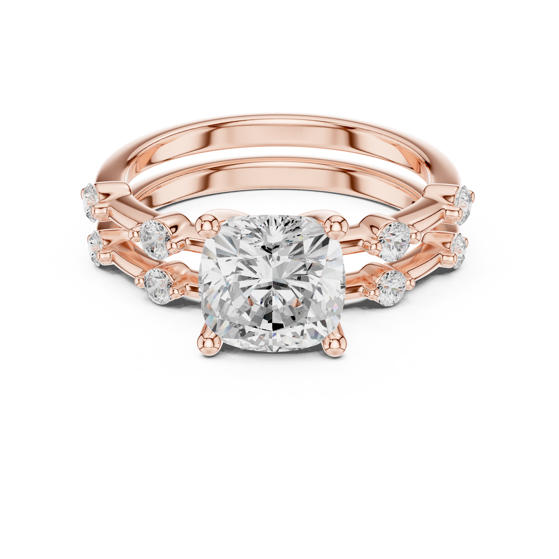 Cushion Cut Diamond Bridal Set with Round Accent Bands