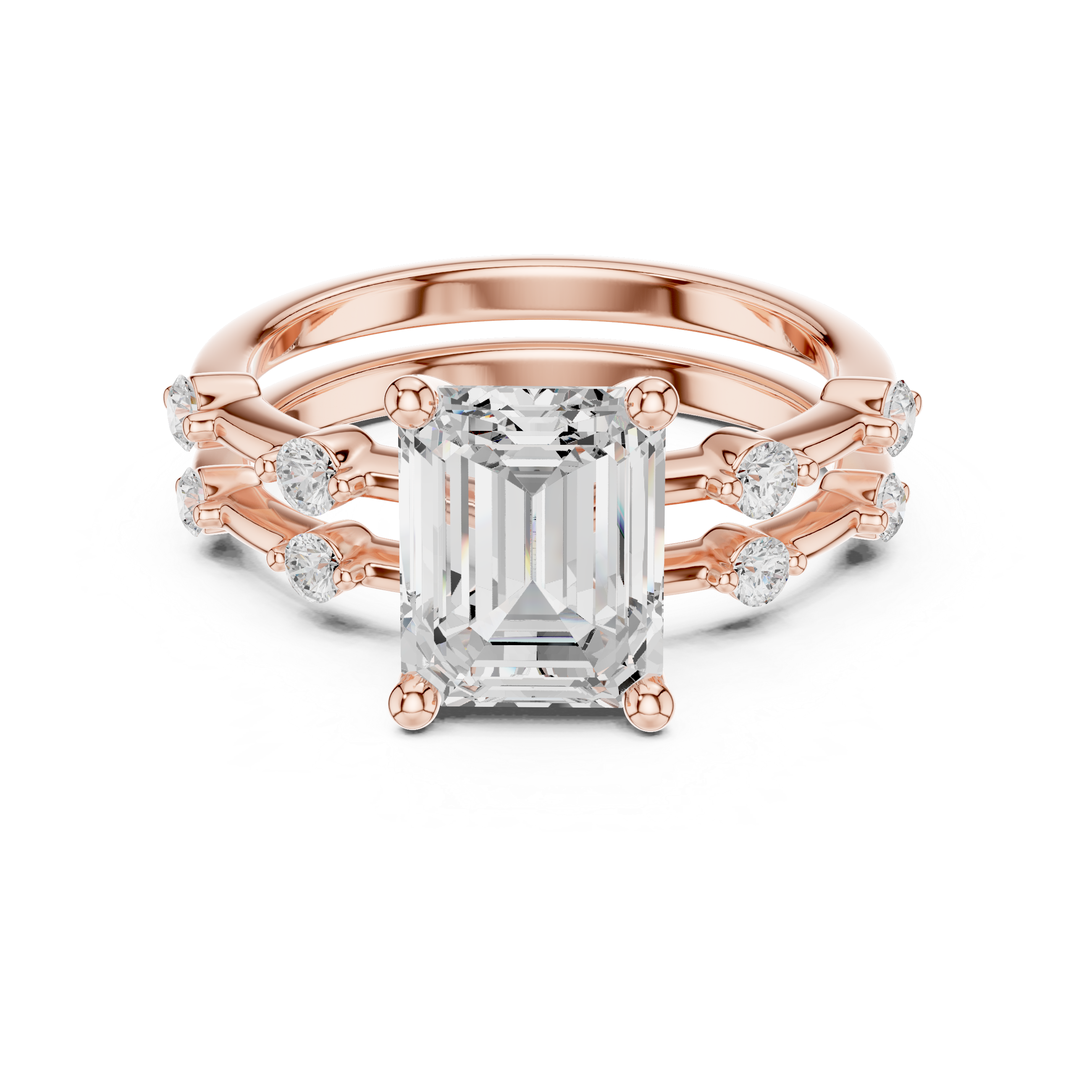 Minimalist Style Emerald Cut Diamond Solitaire Ring with Triple Band Side Accents perfect for everyday elegant simple wear