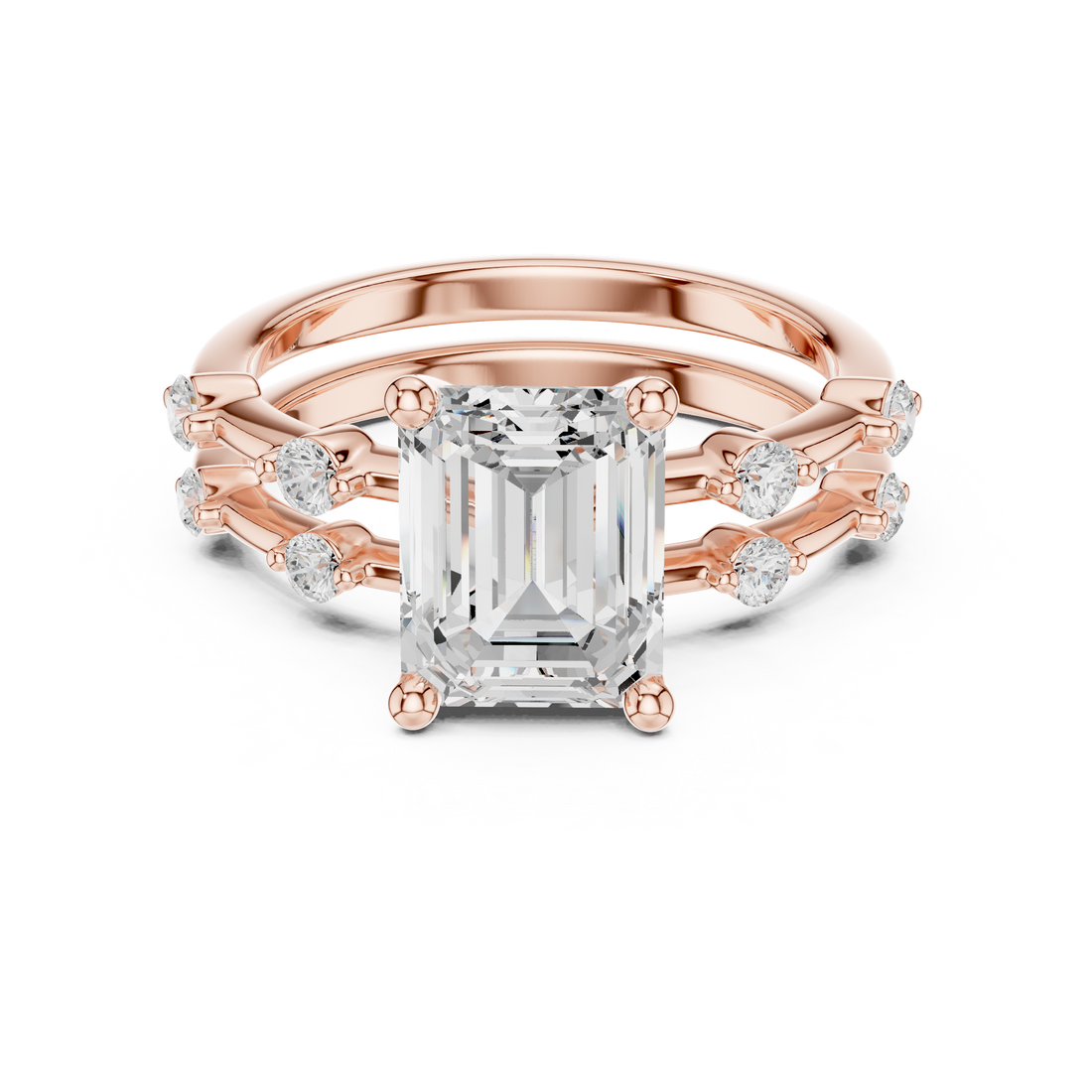 Minimalist Style Emerald Cut Diamond Solitaire Ring with Triple Band Side Accents perfect for everyday elegant simple wear