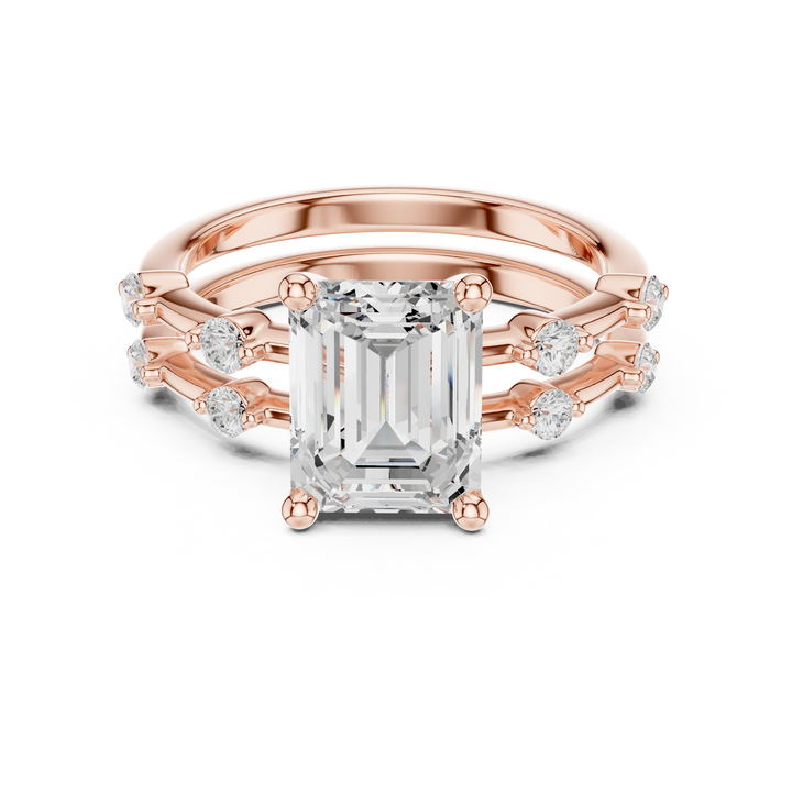 Minimalist Style Emerald Cut Diamond Solitaire Ring with Triple Band Side Accents perfect for everyday elegant simple wear