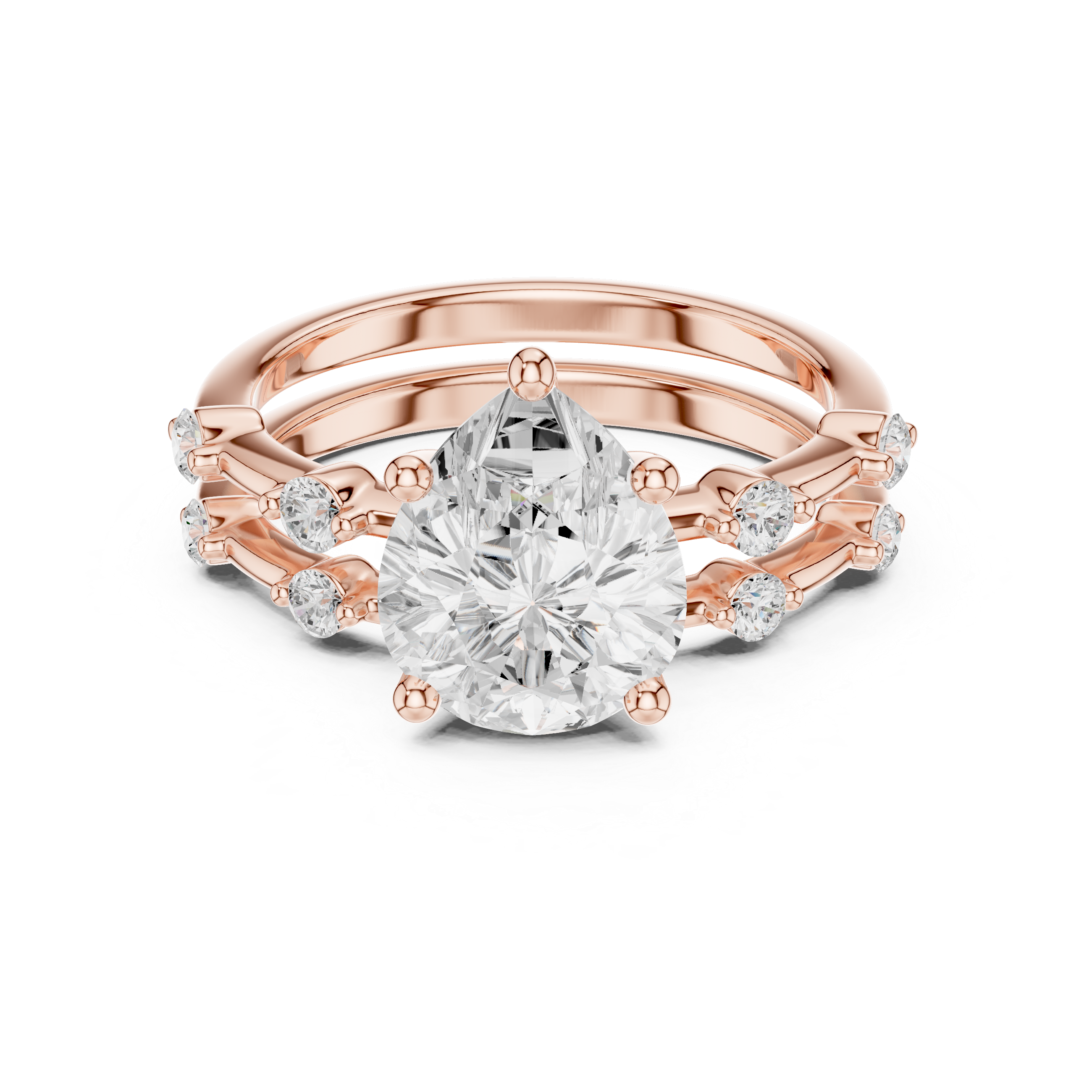 Minimalist Style Pear Cut Diamond Split Band Engagement Ring with Roun Side Stones perfect for everyday elegant simple wear