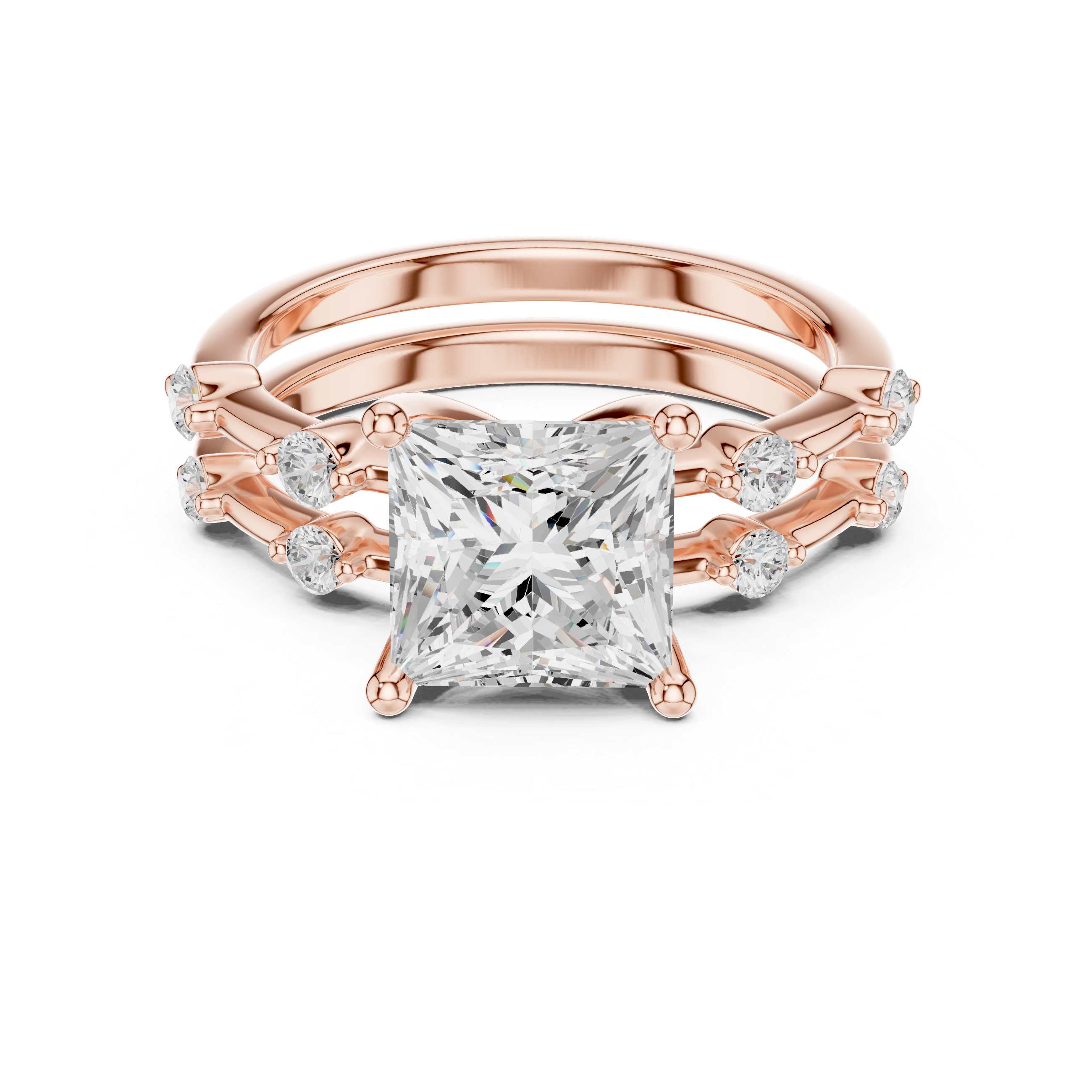 Princess Cut Diamond Bridal Set with Round Accent Bands