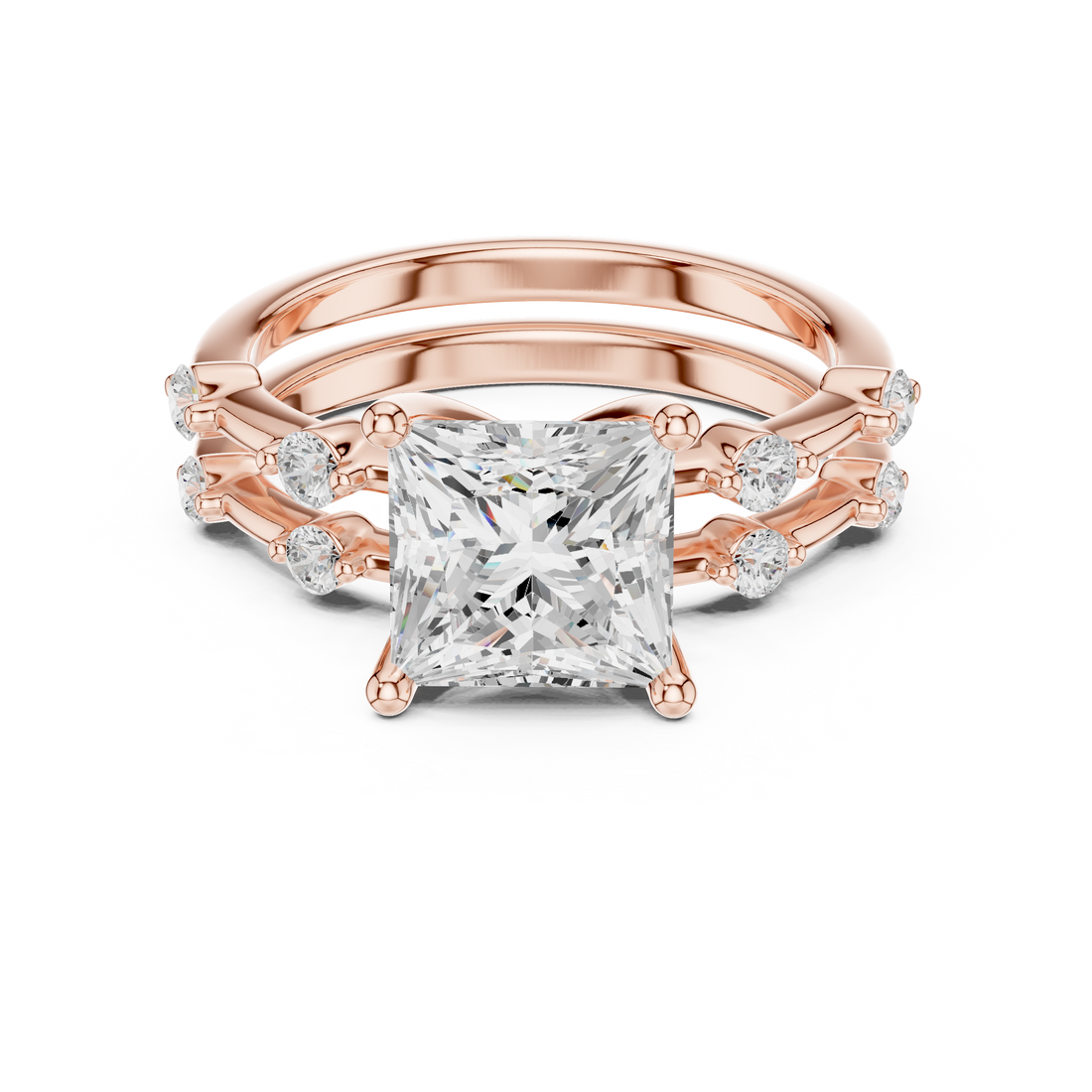 Princess Cut Diamond Bridal Set with Round Accent Bands