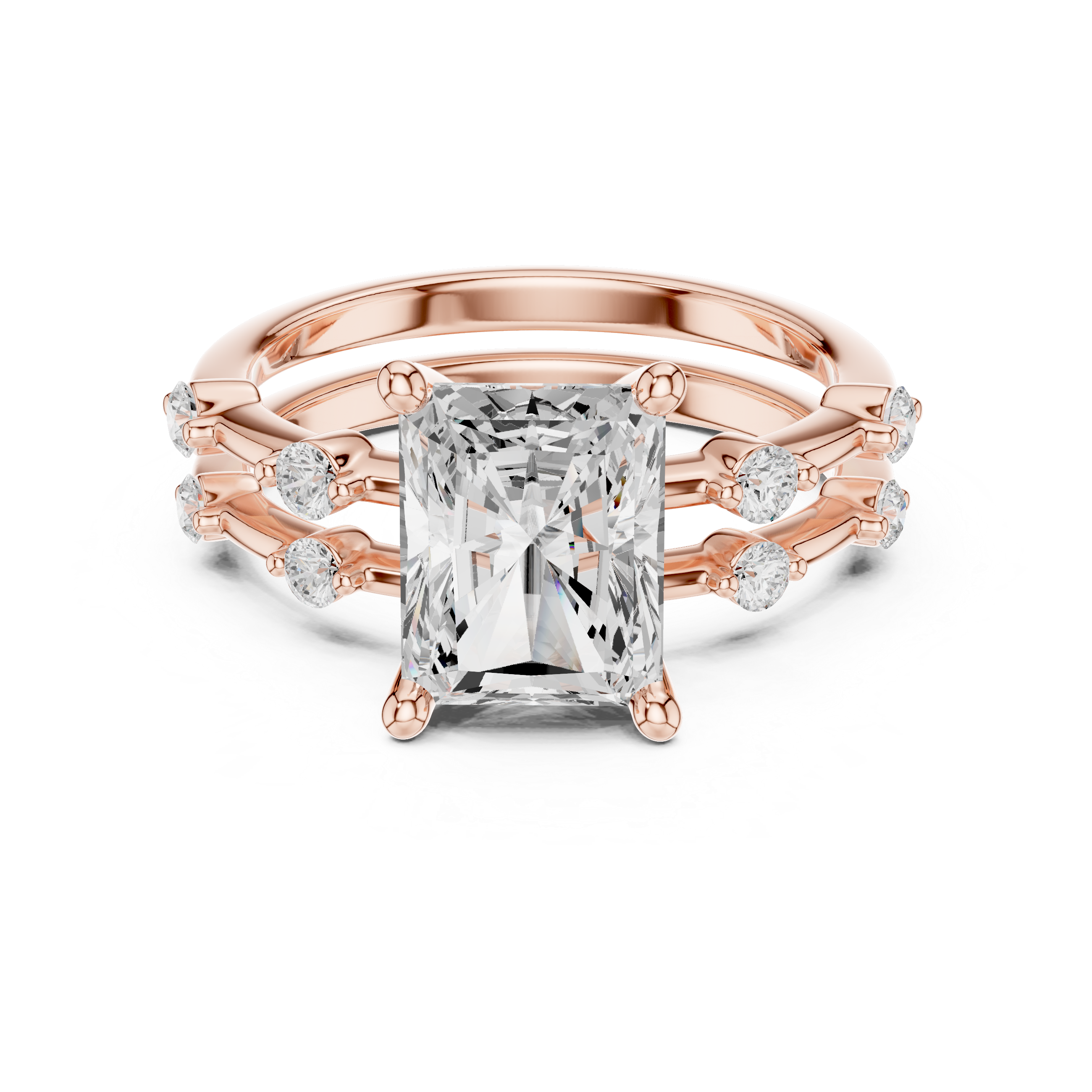 Minimalist Style Radiant Cut Diamond Solitaire Ring with Triple Band Round Diamond Accents perfect for everyday elegant simple wear