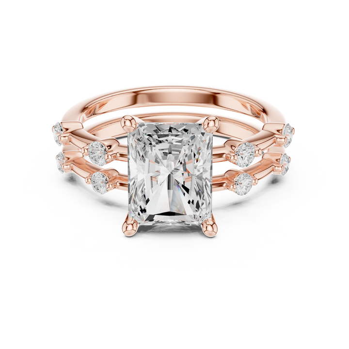 Minimalist Style Radiant Cut Diamond Solitaire Ring with Triple Band Round Diamond Accents perfect for everyday elegant simple wear
