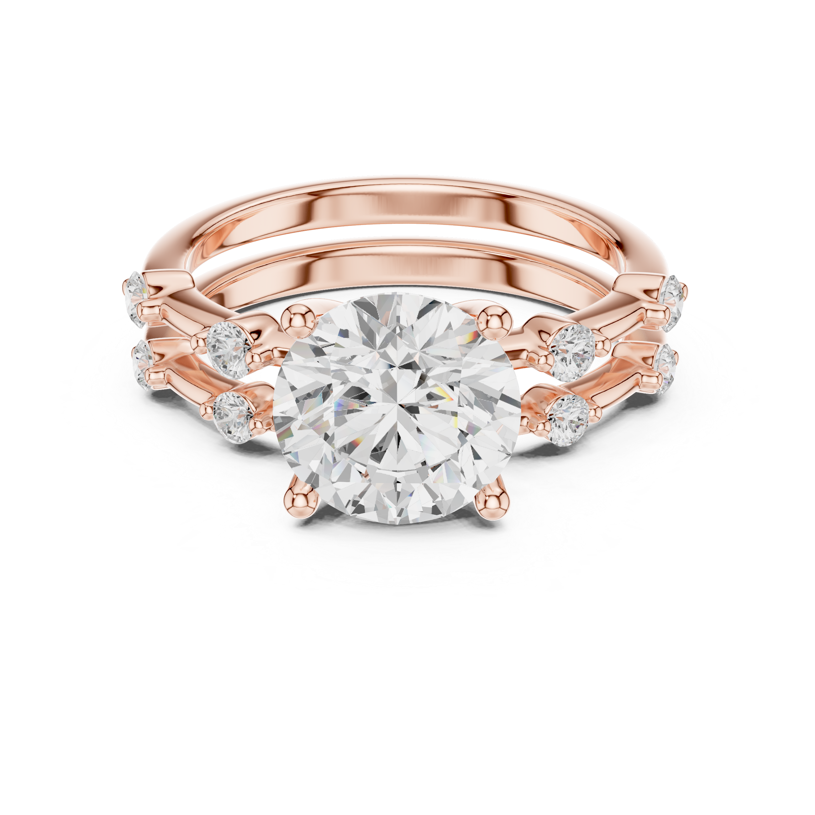 Round Brilliant Diamond Engagement Ring with Triple Split Diamond Band