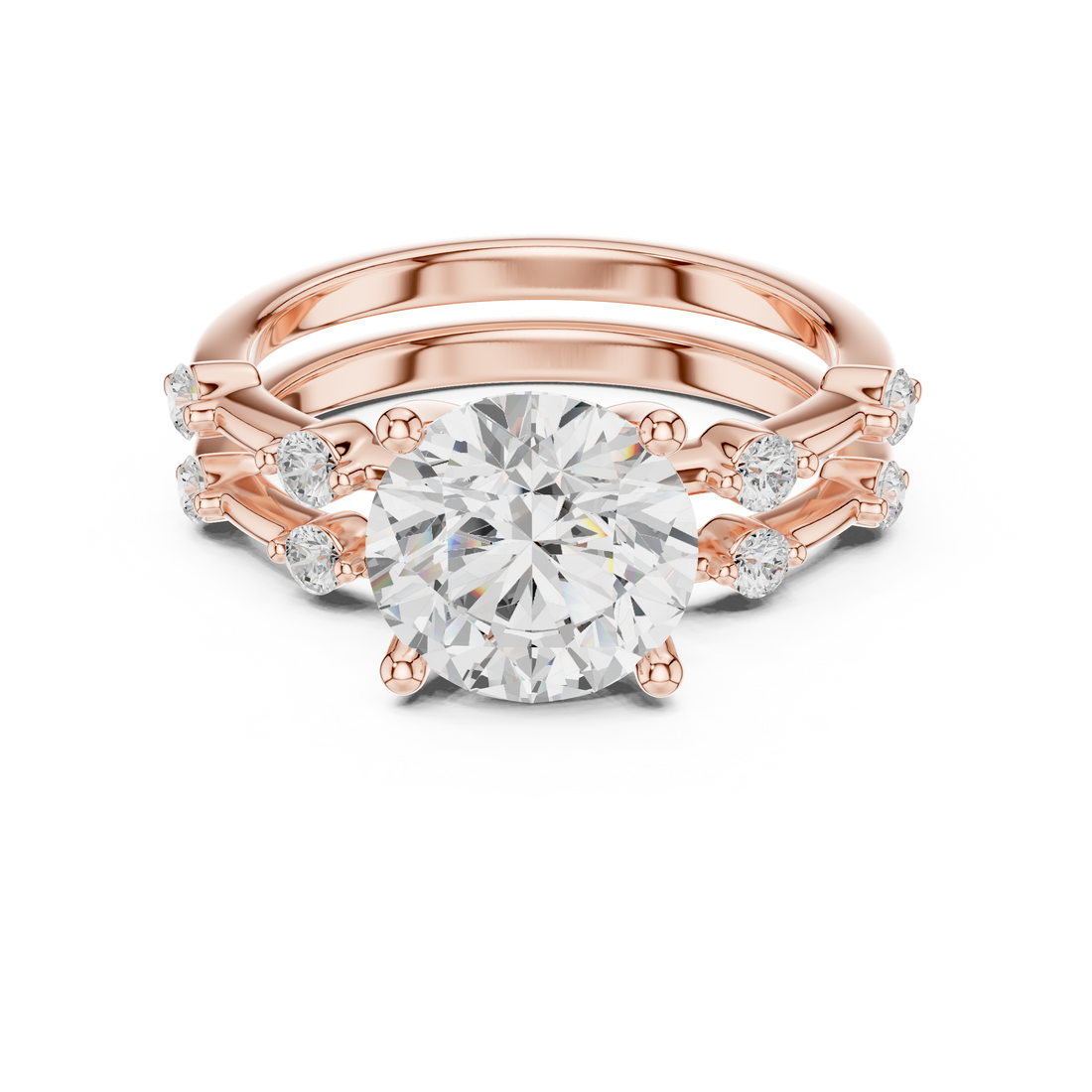 Round Brilliant Diamond Engagement Ring with Triple Split Diamond Band