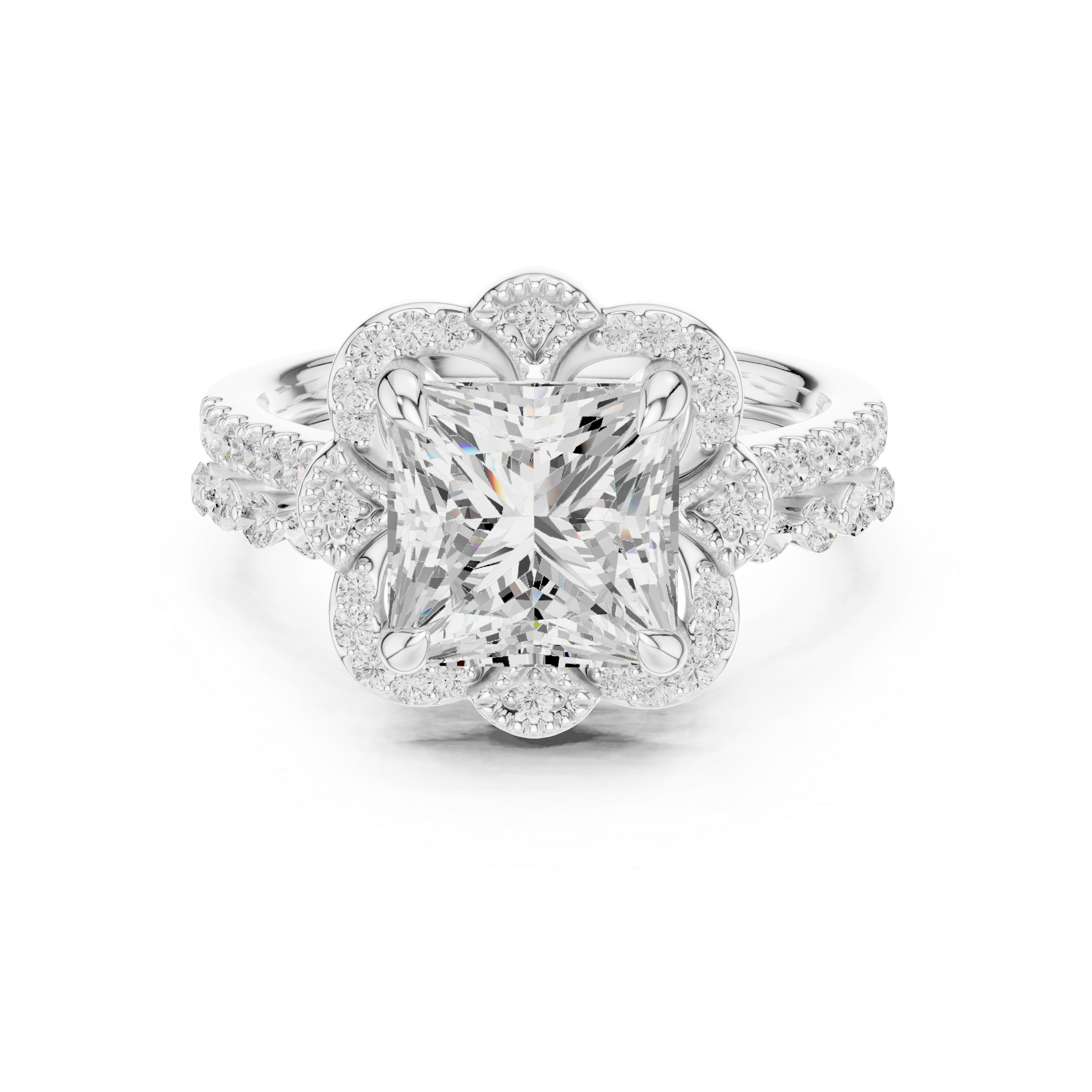 Cushion-cut engagement ring with diamond halo.