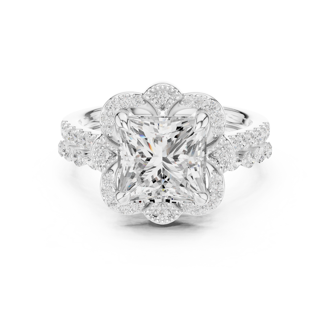 Cushion-cut engagement ring with diamond halo.