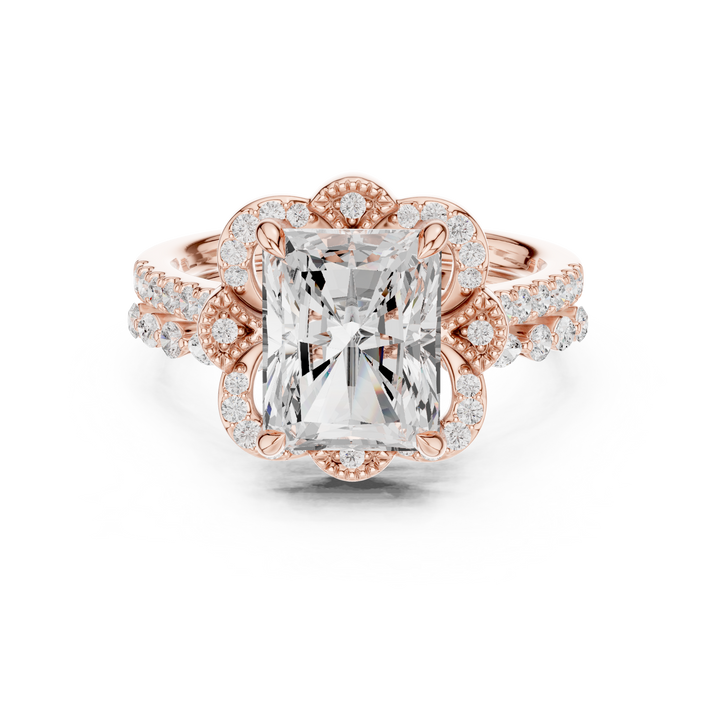 Vintage halo ring with decorative edges.