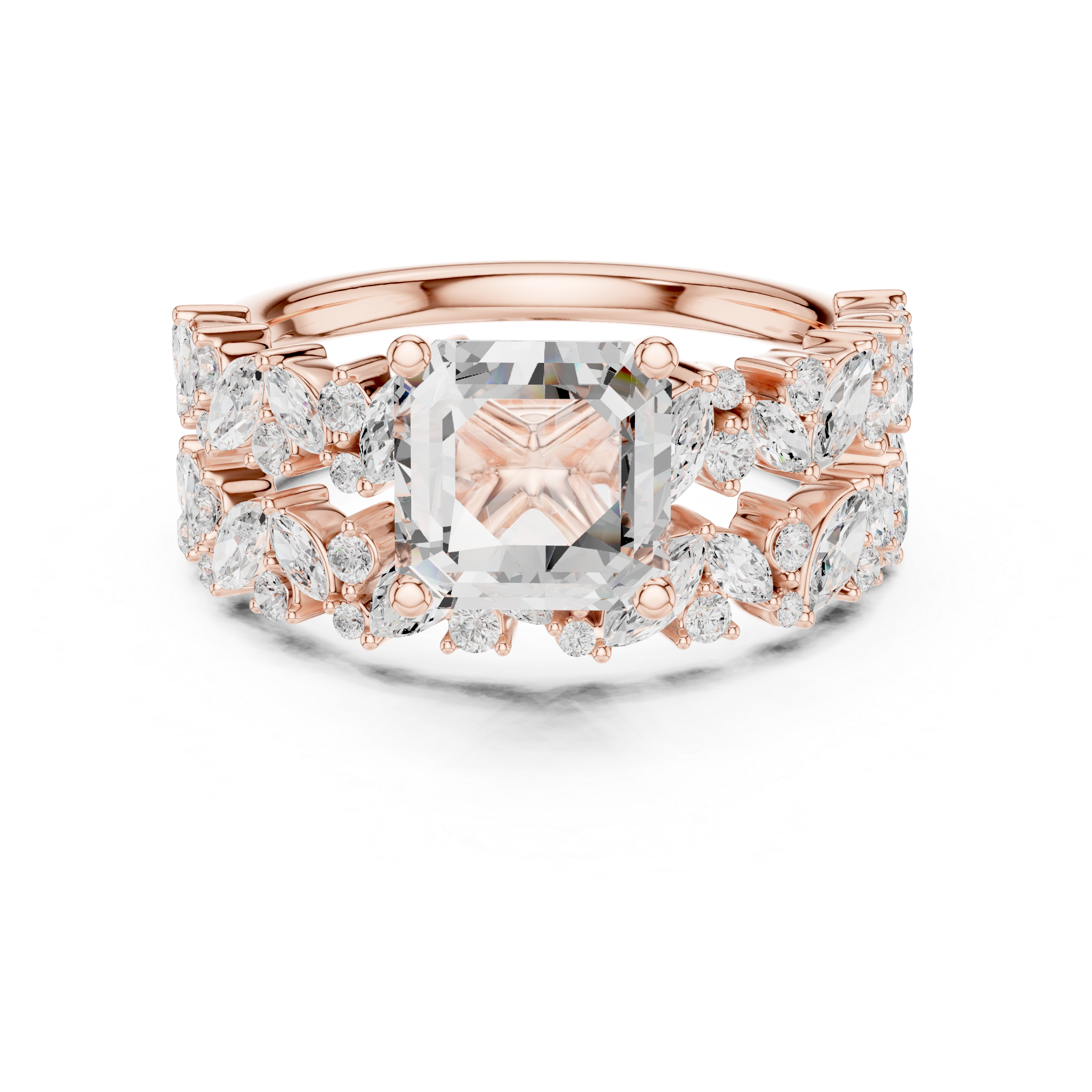 Timeless Emerald Cut Diamond Engagement Ring with Marquise and Round Accent Cluster Band accent stones classic look