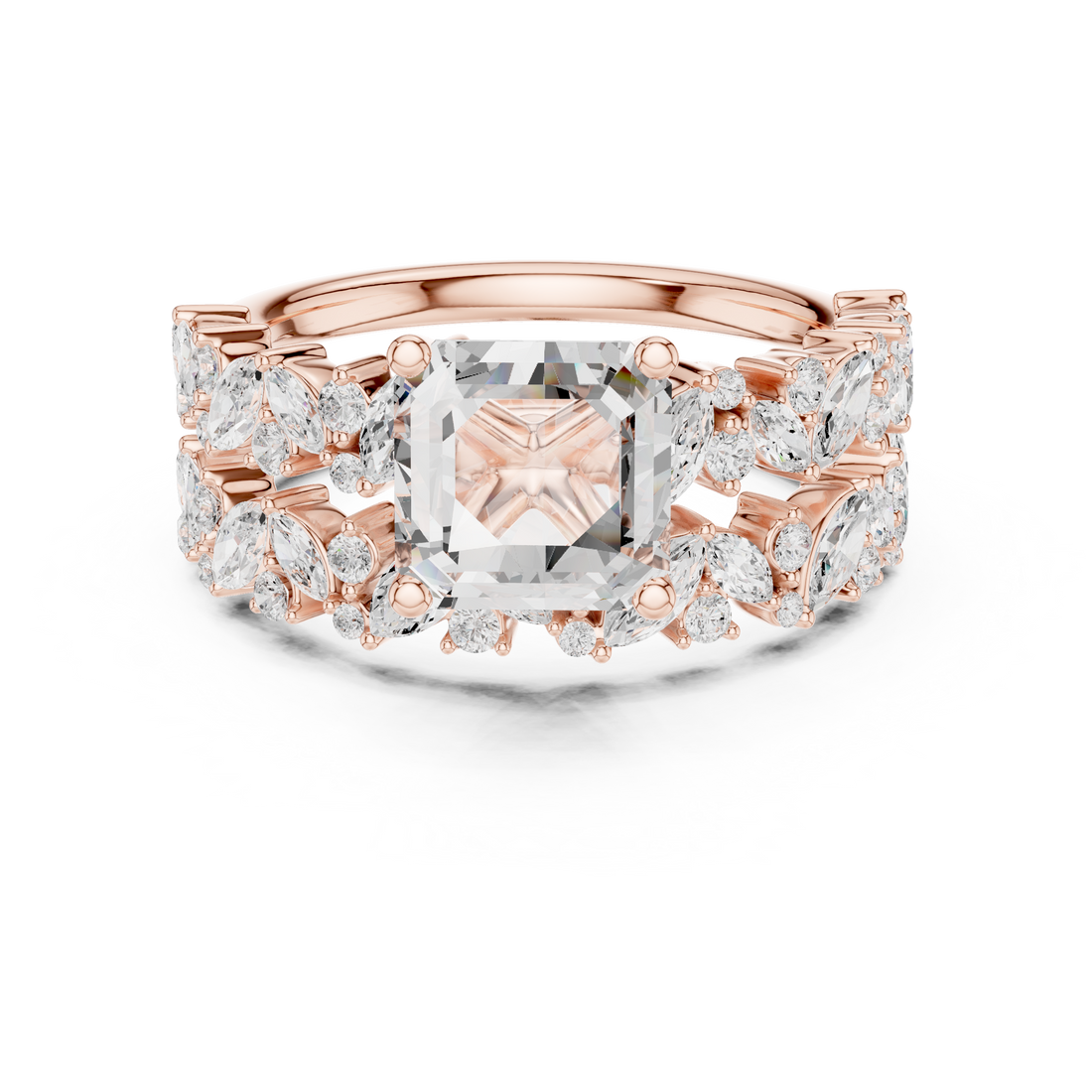 Timeless Emerald Cut Diamond Engagement Ring with Marquise and Round Accent Cluster Band accent stones classic look