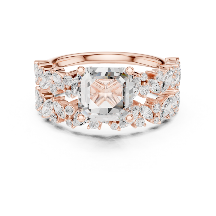 Timeless Emerald Cut Diamond Engagement Ring with Marquise and Round Accent Cluster Band accent stones classic look