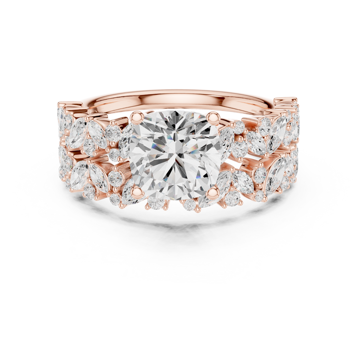 Timeless Cushion Cut Diamond Engagement Ring with Marquise and Round Diamond Cluster Band accent stones classic look