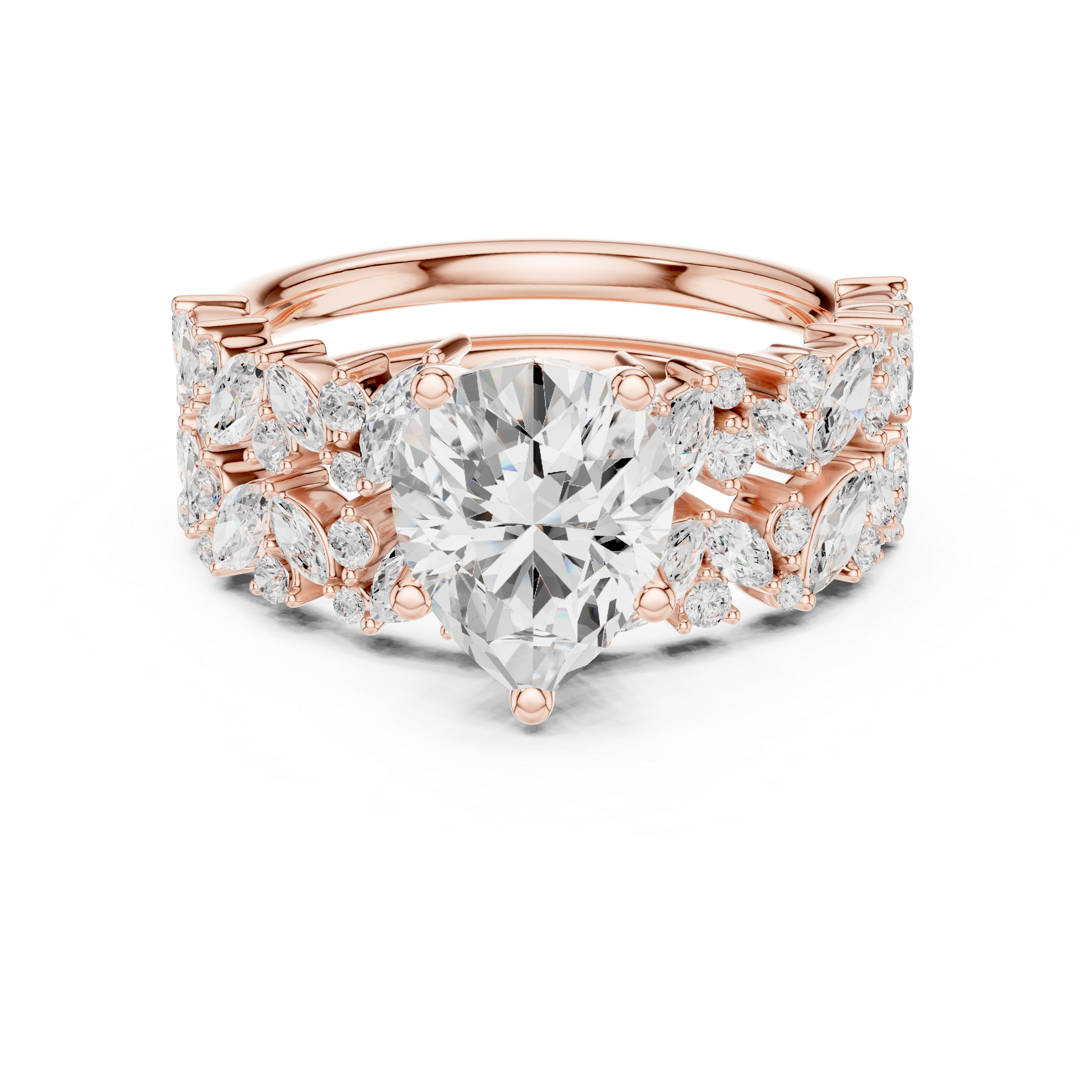 Timeless Pear Cut Diamond Engagement Ring with Marquise and Round Cluster Band accent stones classic look