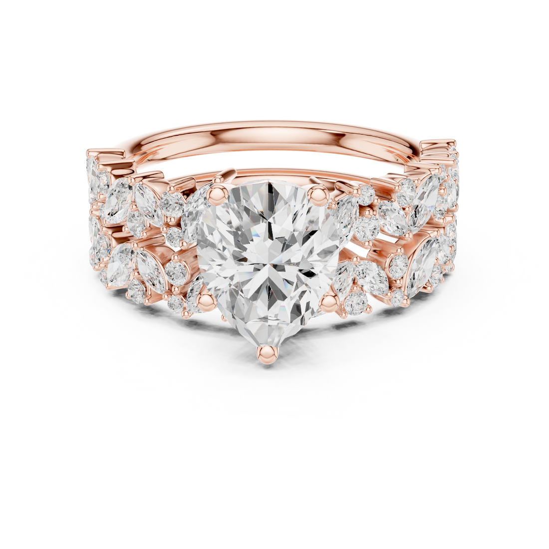 Timeless Pear Cut Diamond Engagement Ring with Marquise and Round Cluster Band accent stones classic look