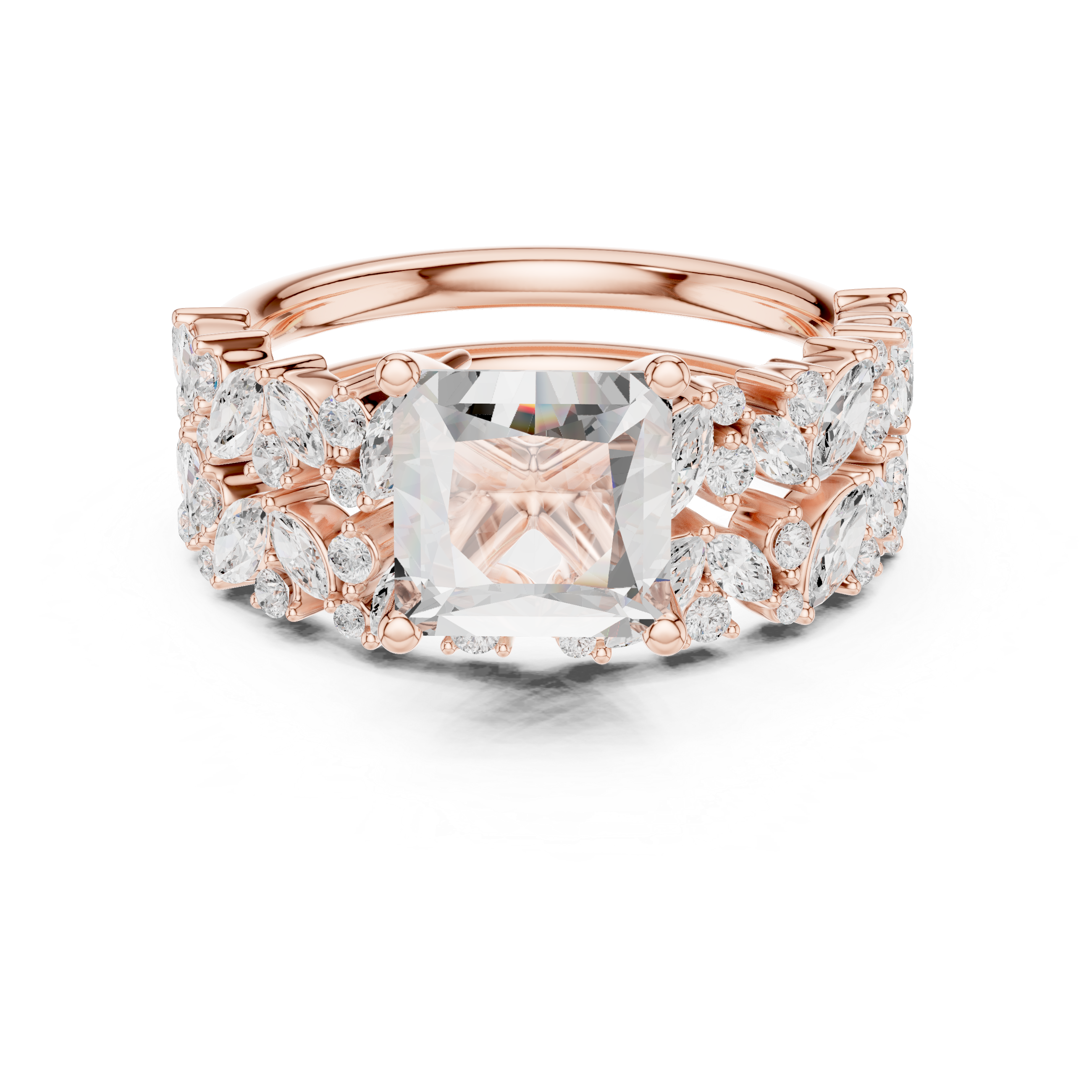 Timeless Princess Cut Diamond Engagement Ring with Marquise and Round Diamond Cluster Band accent stones classic look