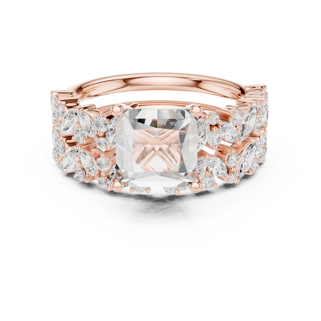 Timeless Princess Cut Diamond Engagement Ring with Marquise and Round Diamond Cluster Band accent stones classic look