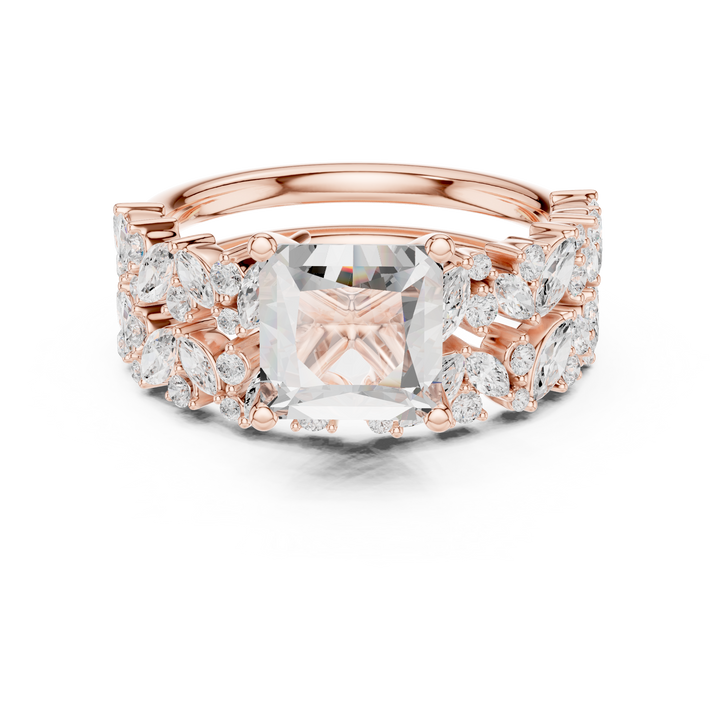 Timeless Princess Cut Diamond Engagement Ring with Marquise and Round Diamond Cluster Band accent stones classic look