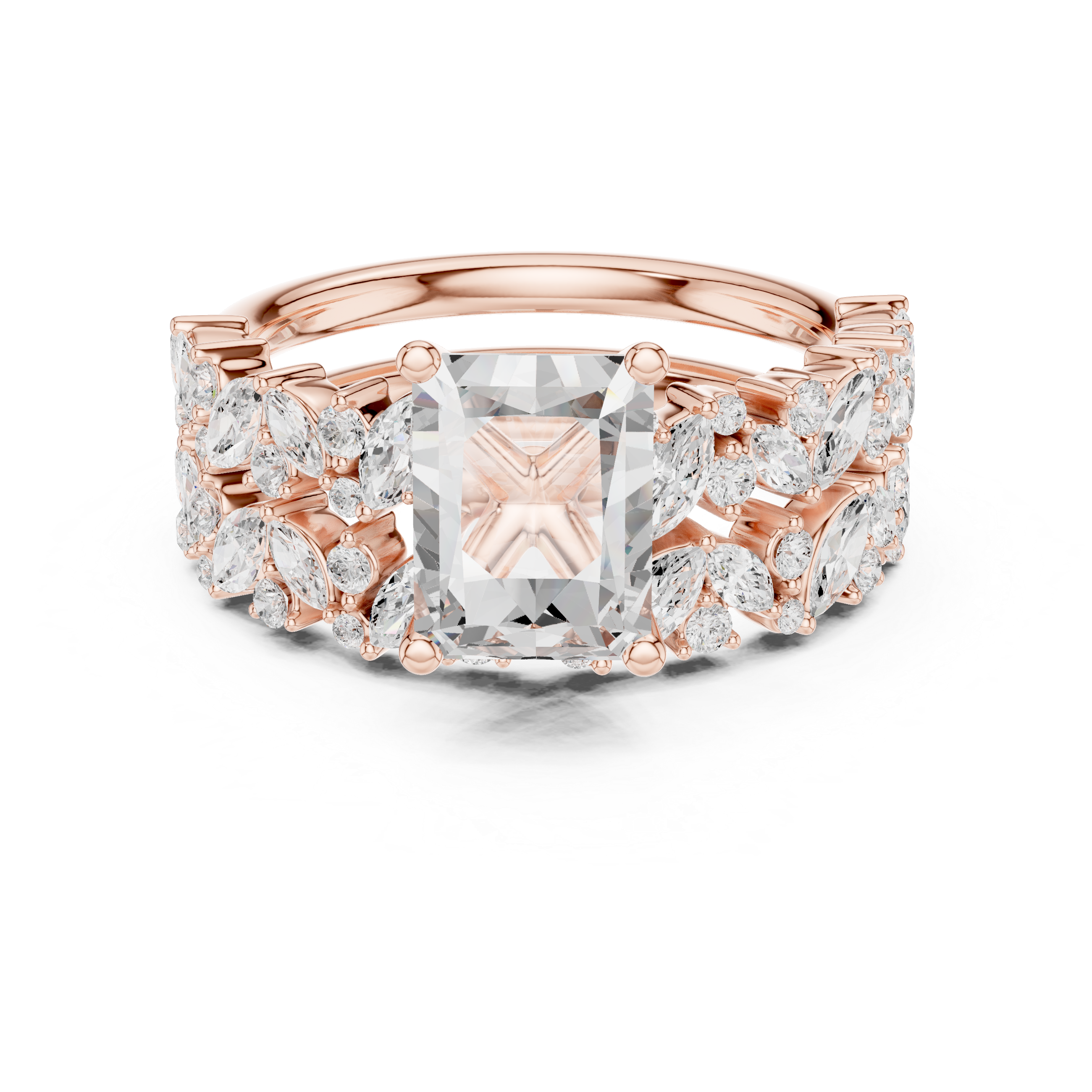 Timeless Radiant Cut Diamond Ring with Marquise Cluster and Pavé Band accent stones classic look