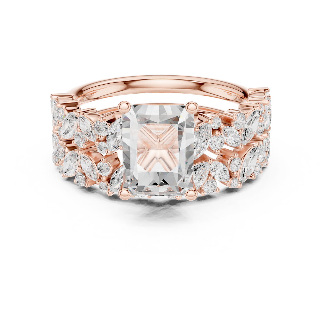 Timeless Radiant Cut Diamond Ring with Marquise Cluster and Pavé Band accent stones classic look
