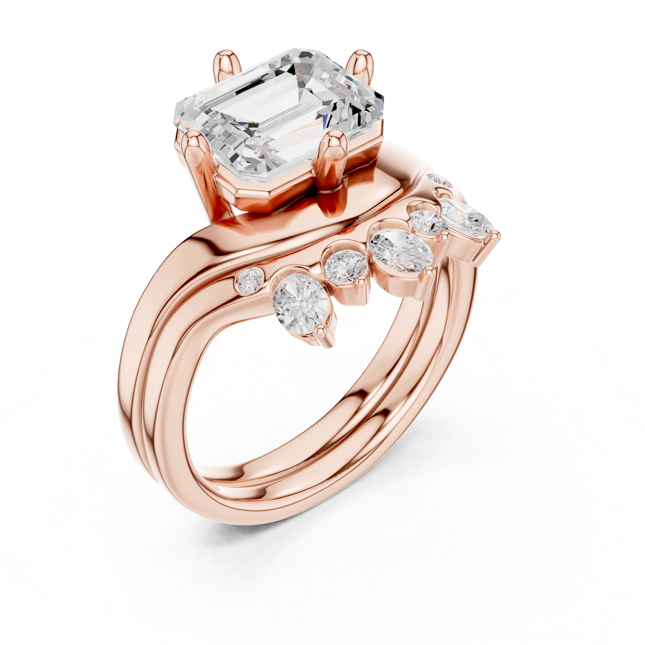 Split band engagement ring with diamond accents.