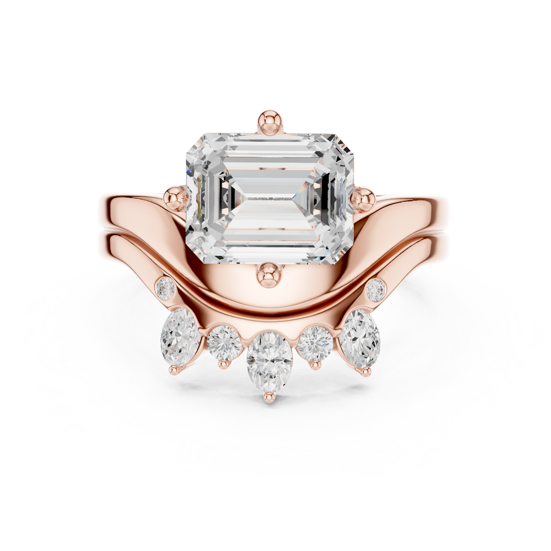 Rose gold halo ring with sparkling side stones.
