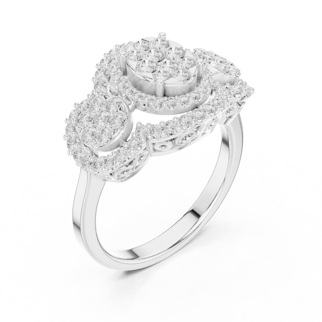 Rose gold halo ring with sparkling side stones.