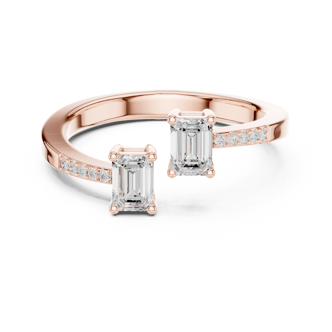 Royal Emerald Cut Diamond Bypass Three Stone Engagement Ring with Pavé Accents charm