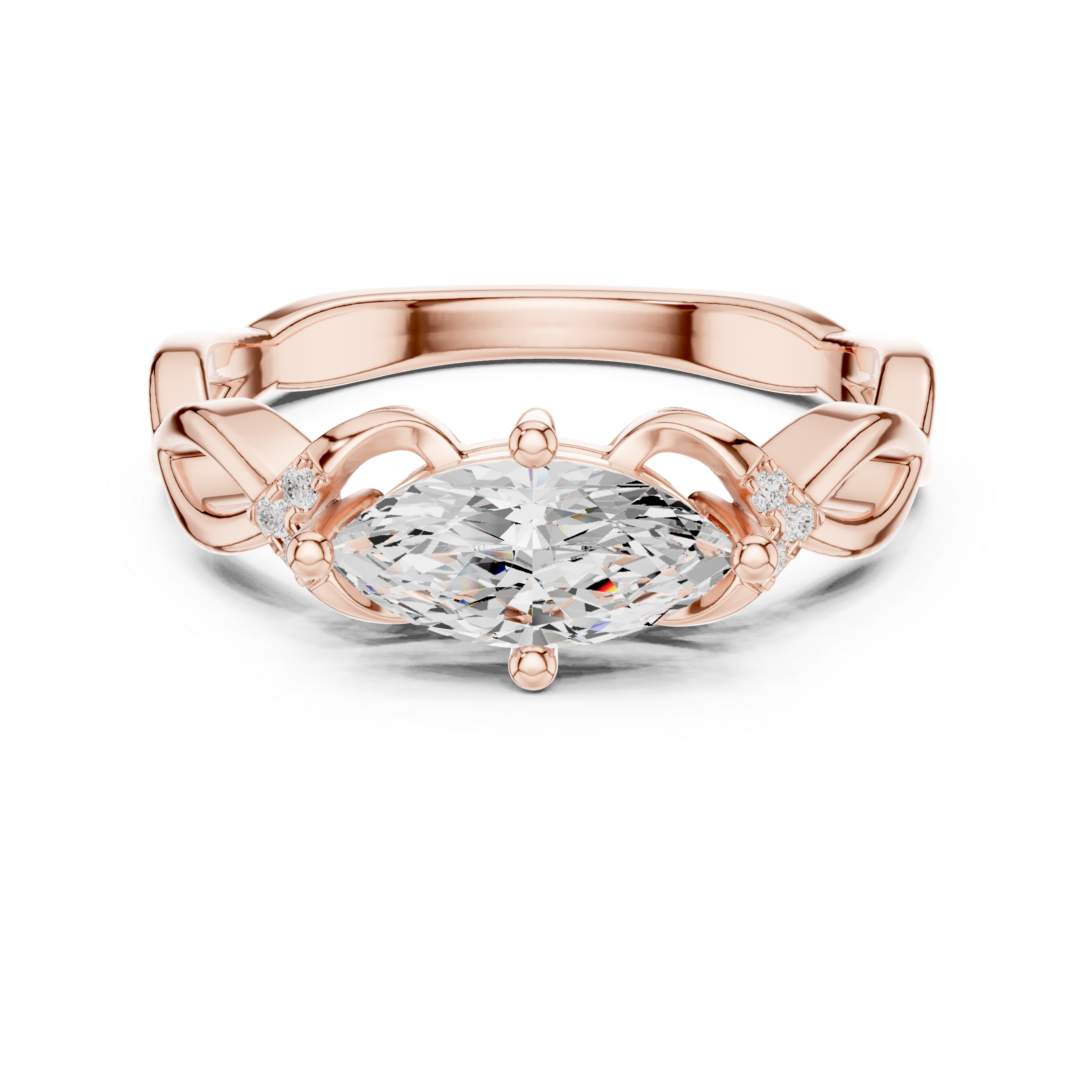 Marquise Cut Diamond Side Stone Engagement Ring with Sculpted Gallery Accents