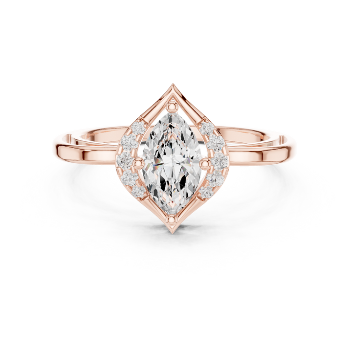 Bold Pear Cut Diamond Halo Side Stone Engagement Ring with Sculpted Open Frame look