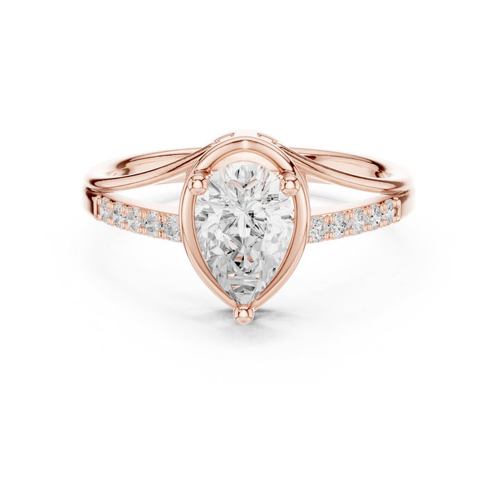 Bold Pear Cut Diamond Solitaire Engagement Ring with Pavé Band look