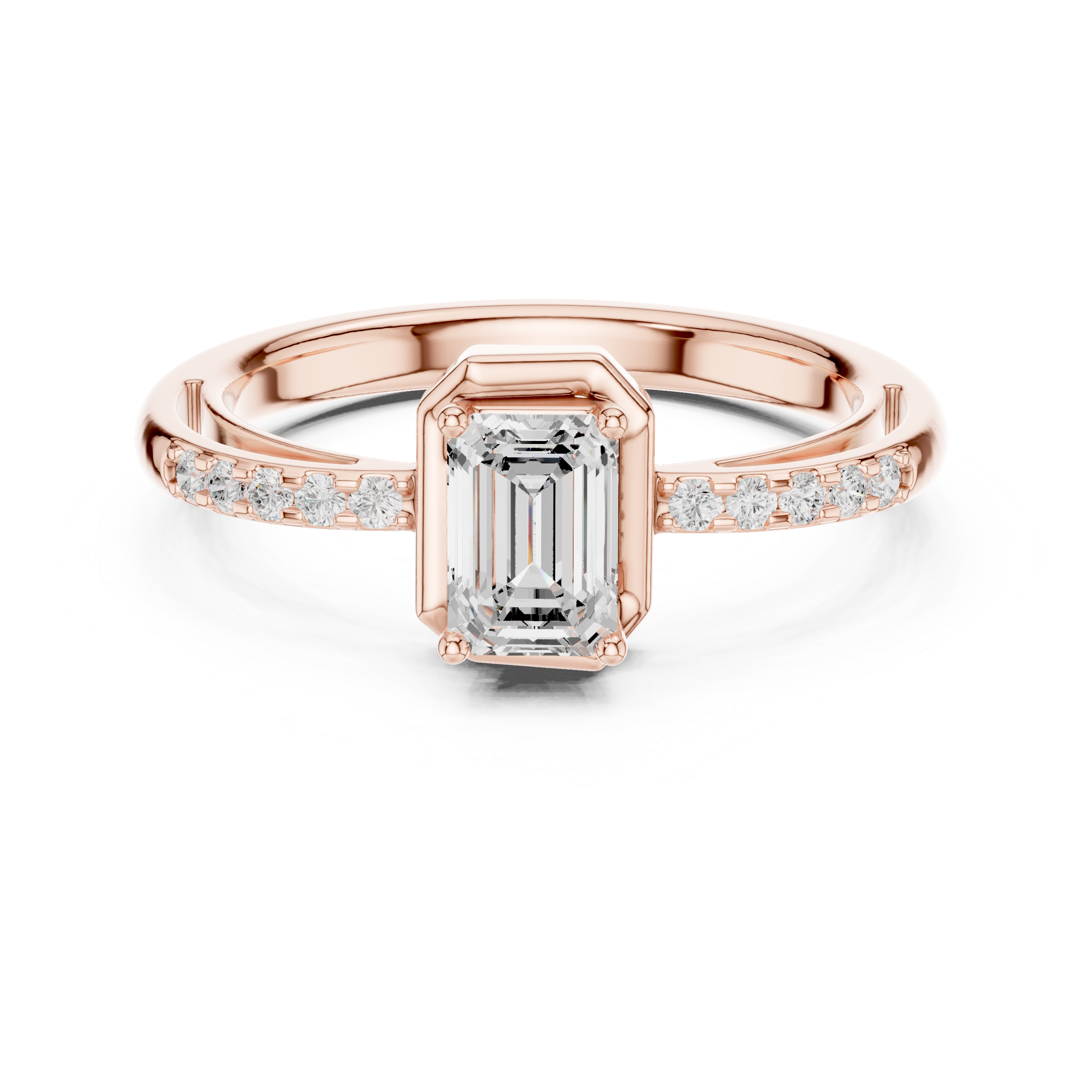 Emerald Cut Diamond Side Stone Engagement Ring with Bezel Frame
