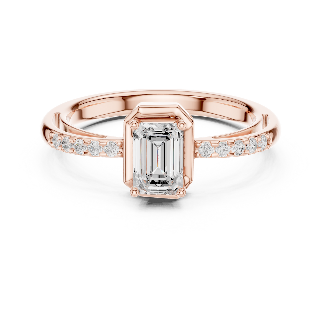 Emerald Cut Diamond Side Stone Engagement Ring with Bezel Frame