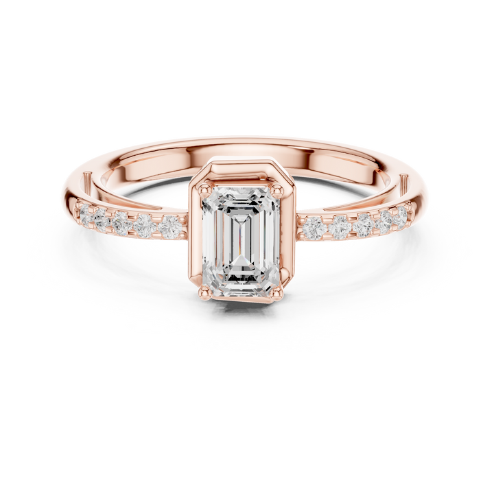 Emerald Cut Diamond Side Stone Engagement Ring with Bezel Frame