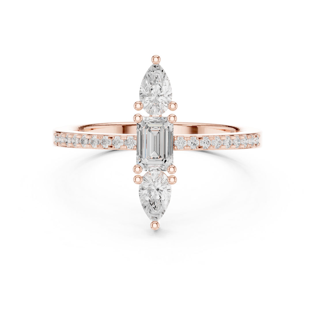 Rare Emerald Cut and Pear Diamond Three Stone Engagement Ring with Pavé Band find