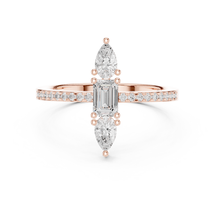 Rare Emerald Cut and Pear Diamond Three Stone Engagement Ring with Pavé Band find