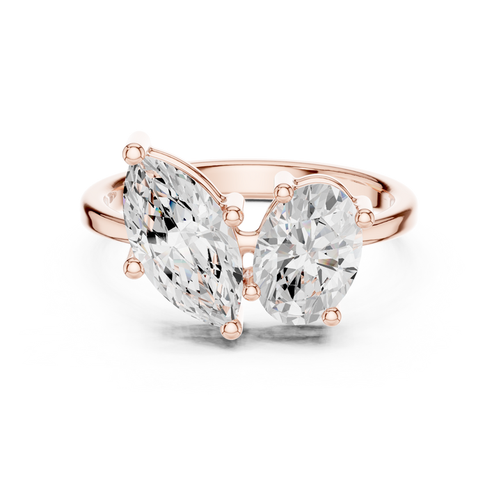 Bold Marquise and Oval Cut Diamond Two Stone Ring look