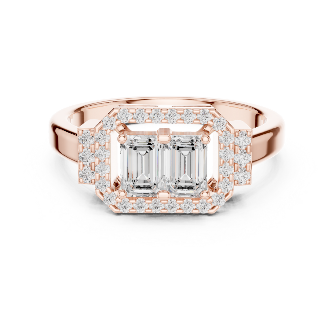 Rare Emerald Cut and Round Diamond Three Stone Halo Statement Ring find