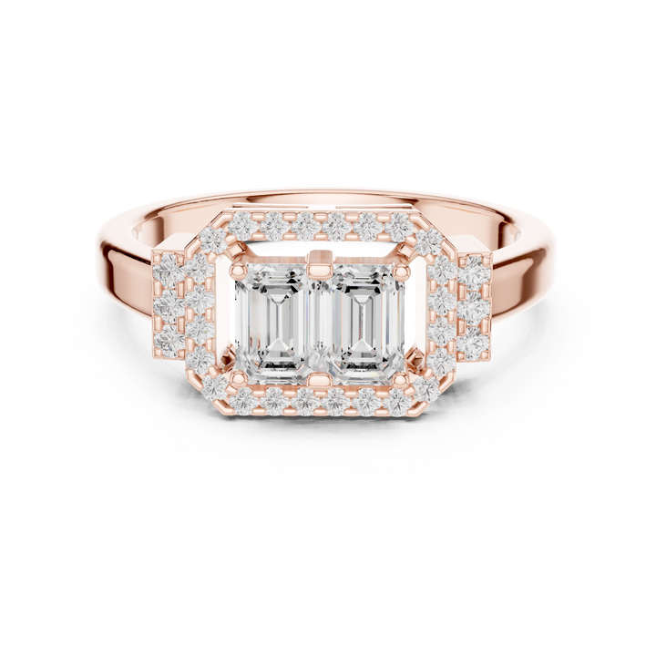 Rare Emerald Cut and Round Diamond Three Stone Halo Statement Ring find