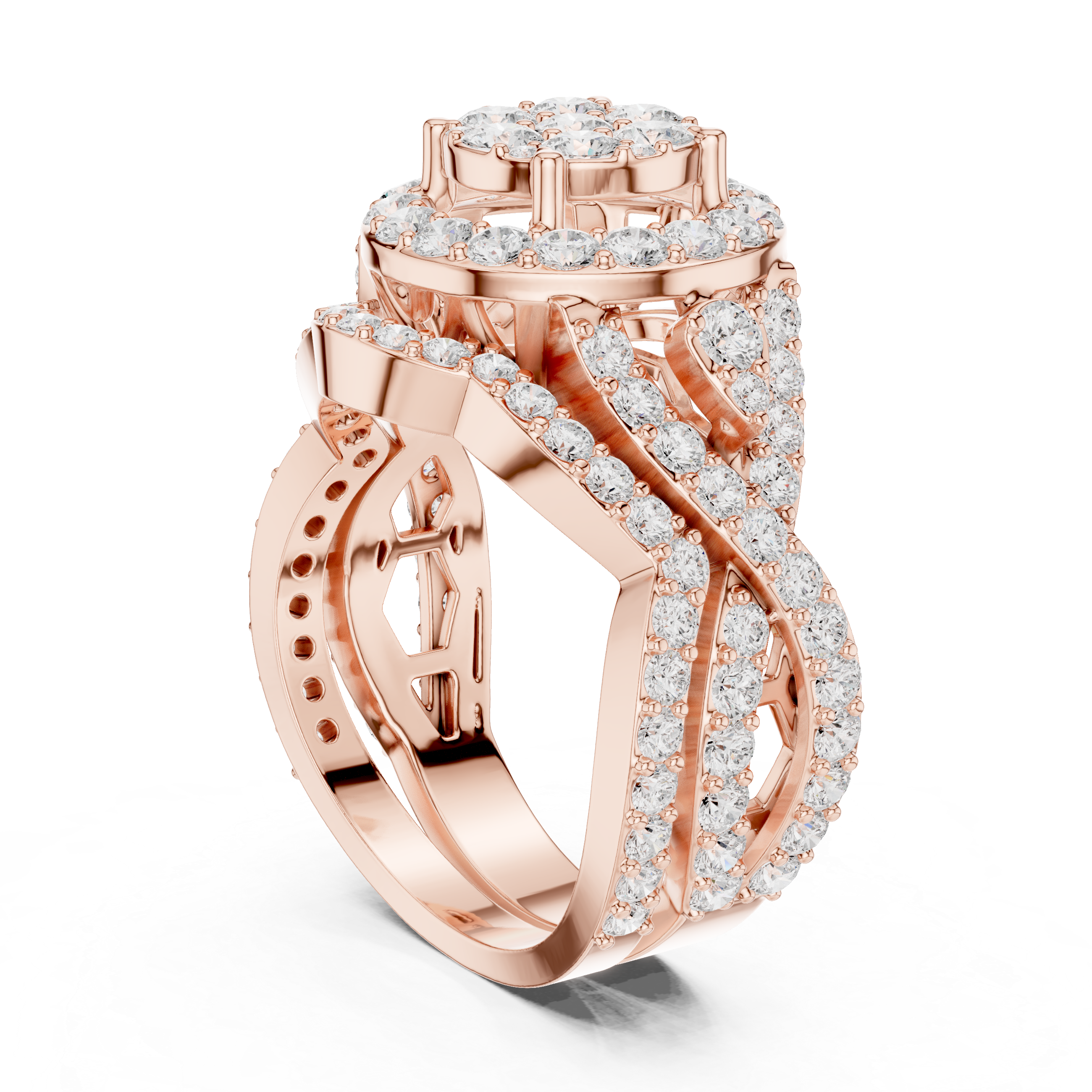 Modern geometric diamond ring with sharp angles and contemporary luxury finish.