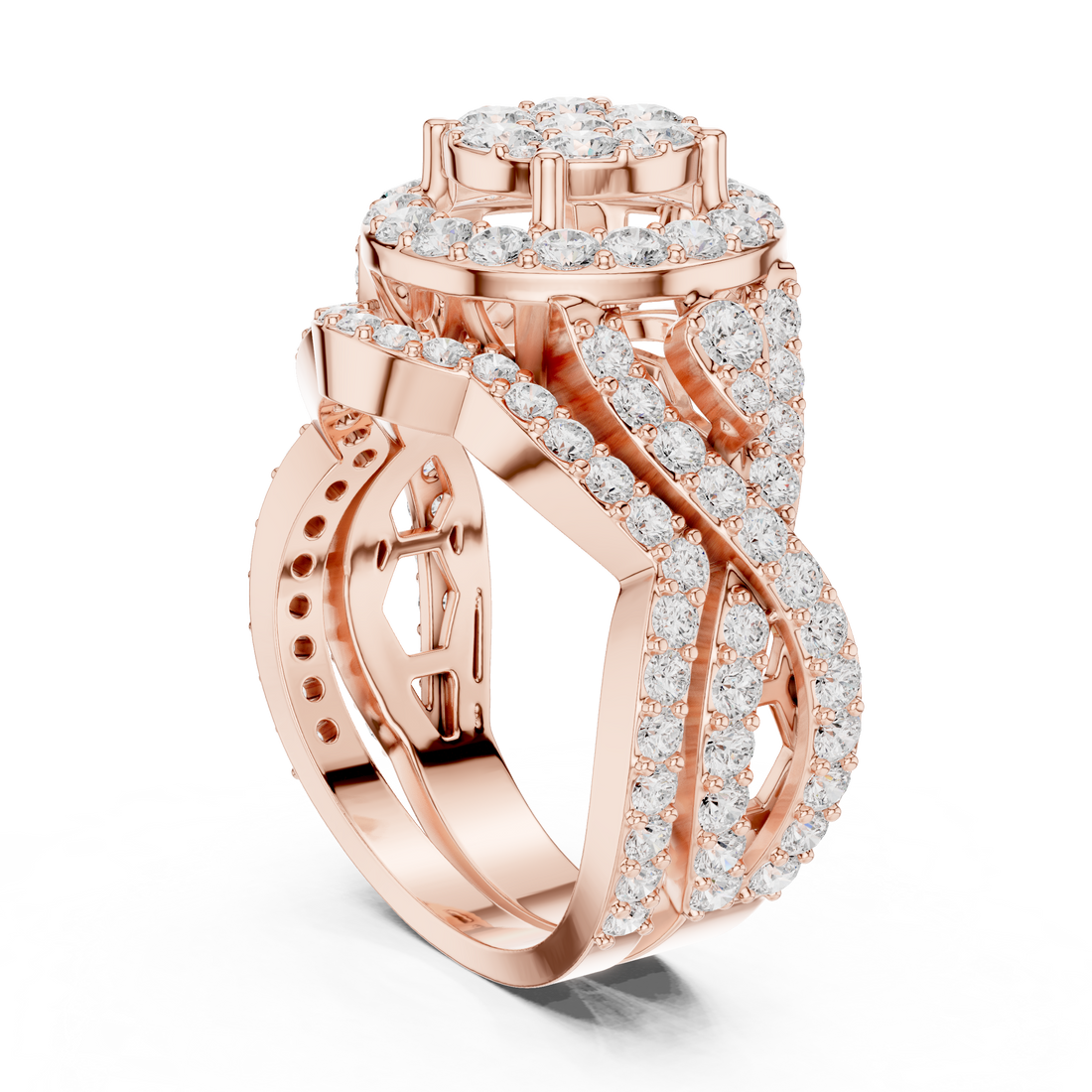 Modern geometric diamond ring with sharp angles and contemporary luxury finish.