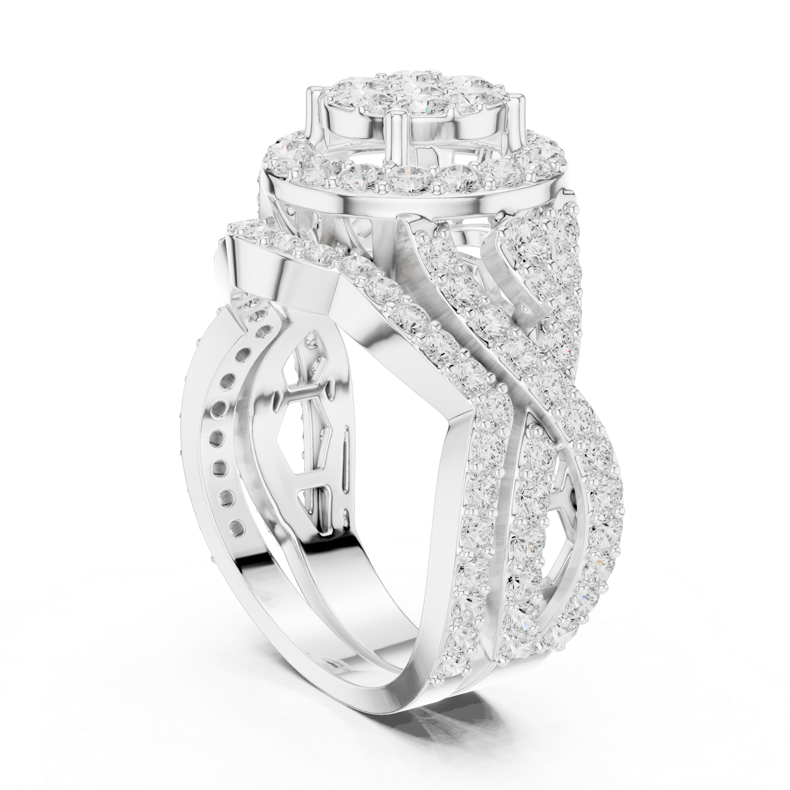 Unique twisted band diamond ring with intertwined metal design and premium craftsmanship.