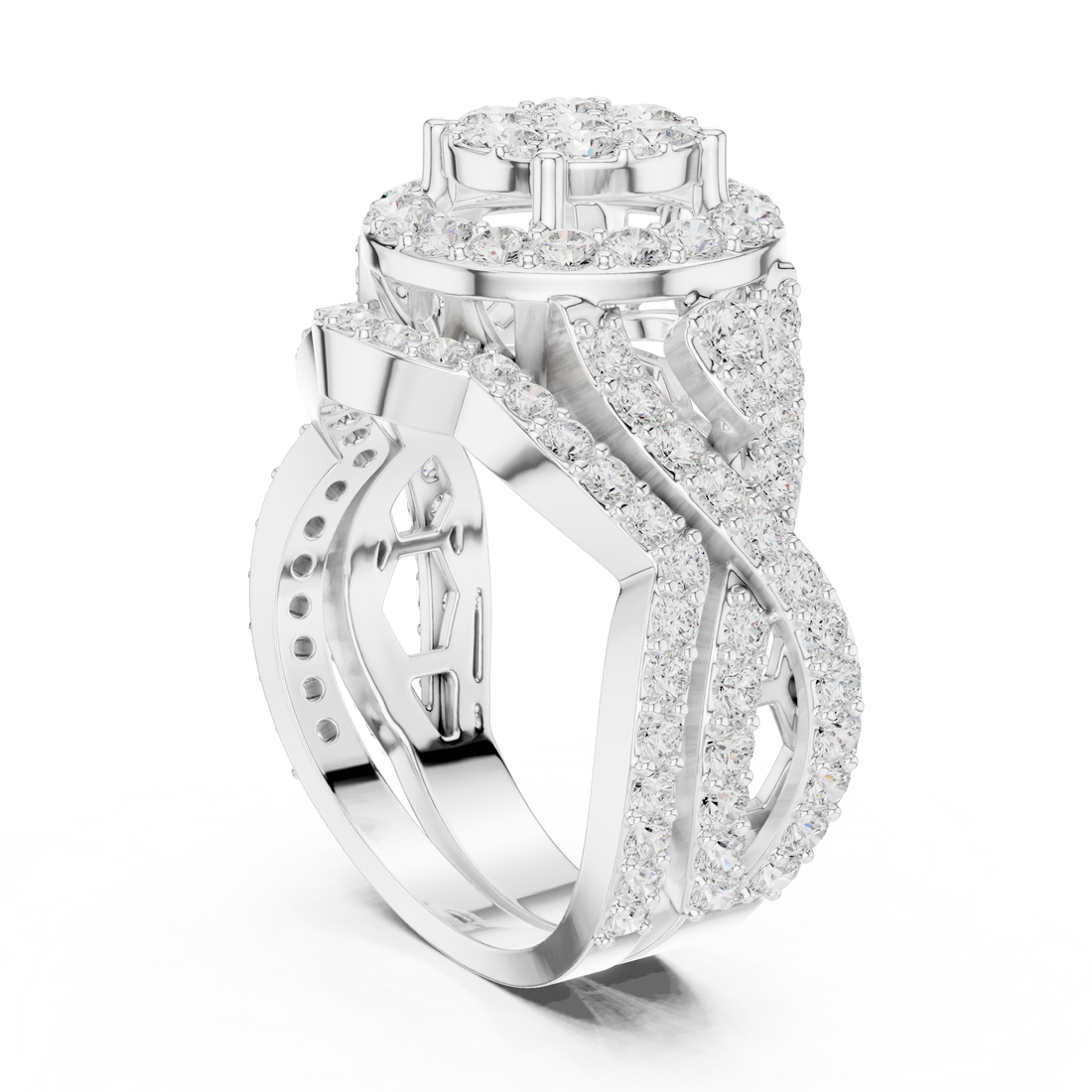 Unique twisted band diamond ring with intertwined metal design and premium craftsmanship.