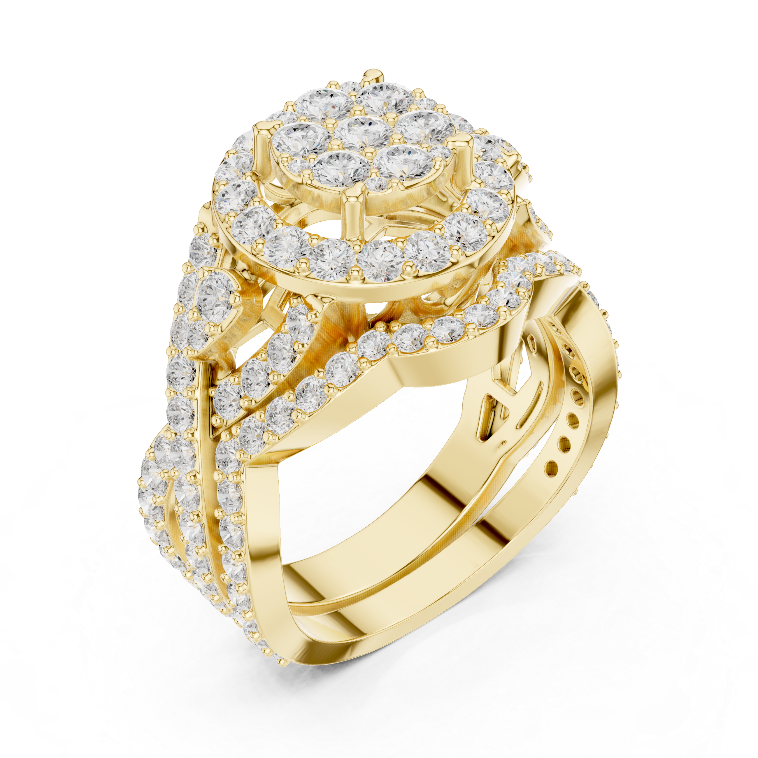Designer diamond hoop earrings featuring continuous sparkling stones along the hoop.